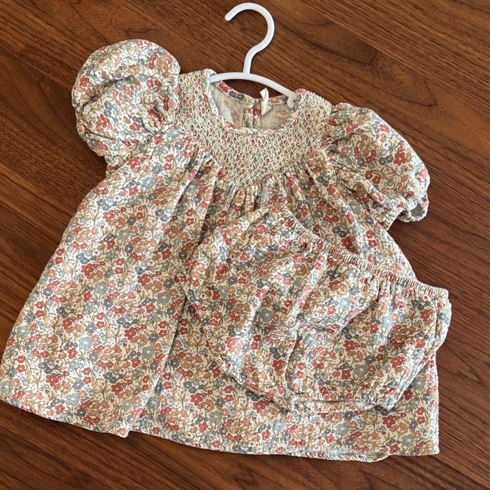 Quincy Mae Floral Smocked Puff Sleeve Dress Set - Cream, Rust, Blue, Green